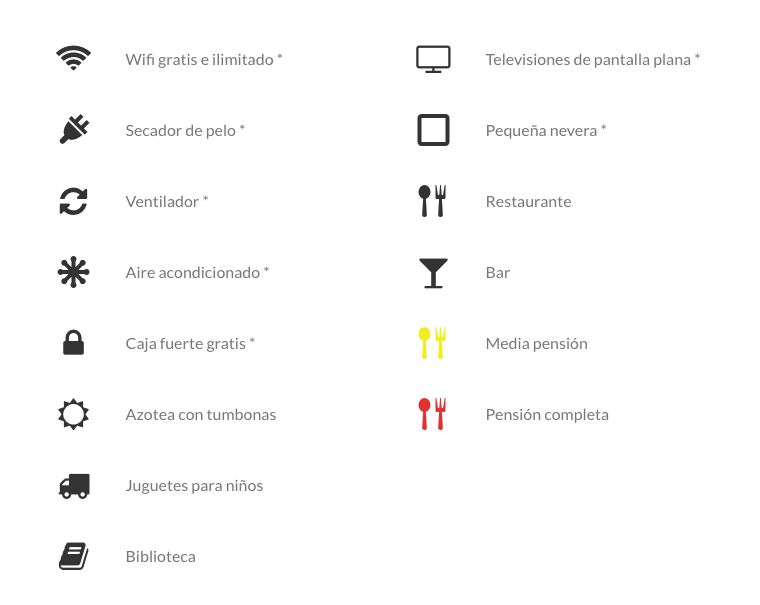 Íconos de servicios hoteleros como wifi y restaurante.