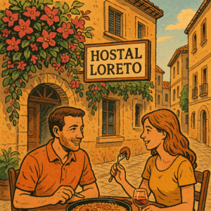 Pareja comiendo frente al Hostal Loreto