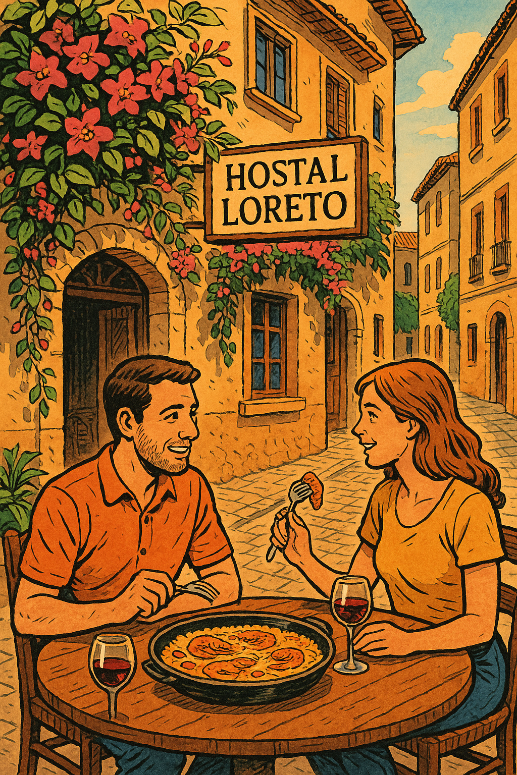 Pareja comiendo paella en hostal rústico exterior.